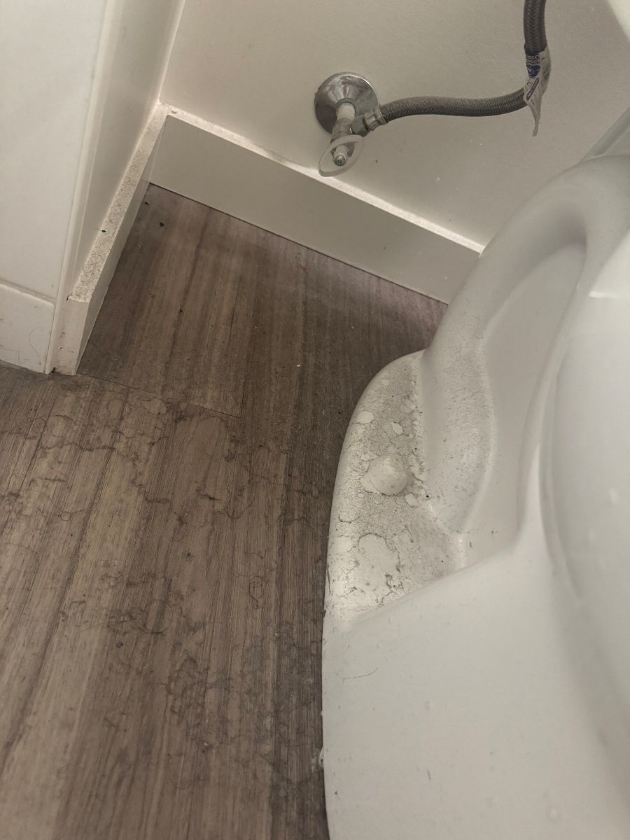 Bathroom floor and toilet before cleaning